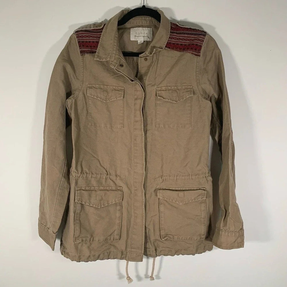 Hinge Jacket Women’s Small Brown Linen Blend Embroidered Pocketed Jacket